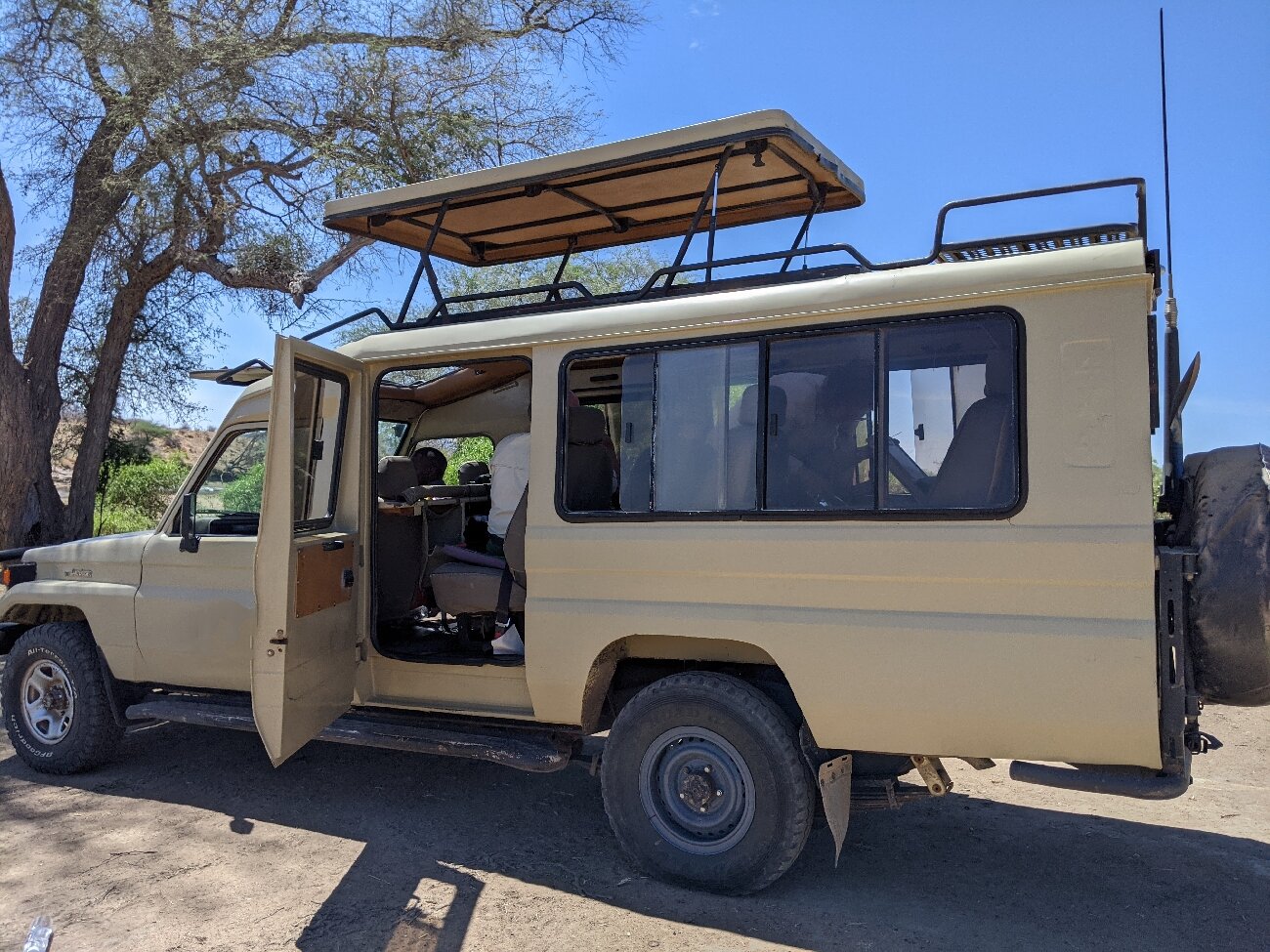 A cream safari vehicle parked under an acacia tree in Ruaha